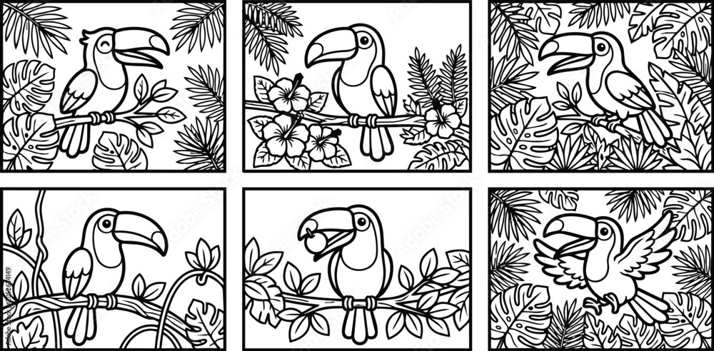 Obraz premium panel toucan line art set in jungle foliage for coloring design