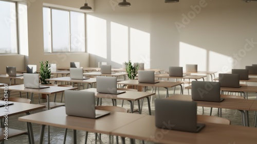 Laptops sit arranged on rows of desks inside a bright modern classroom setting designed for group learning sessions.