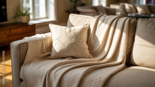 Sofa features a soft beige blanket draped over the cushions with a matching throw pillow in a bright living space.