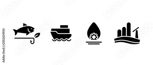Maritime and industrial icon set featuring fishing shipping energy production and factory symbols for business and logistics