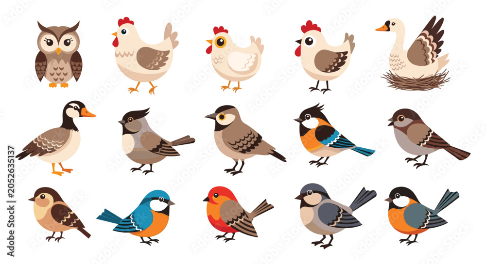 Obraz premium Large collection of different cartoon birds and poultry species shown in profile against a plain white background.