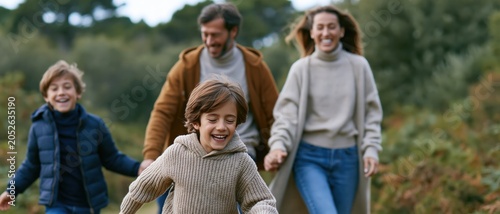 A fun-loving family enjoys an adventurous day outdoors, walking hand in hand along a scenic nature trail, embodying happiness and connection with nature amid beautiful surroundings.