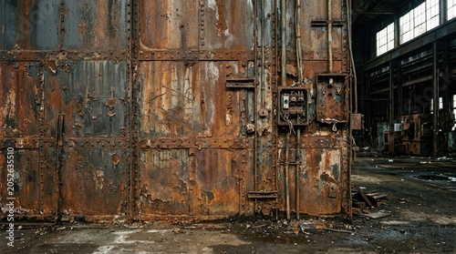 A large, rusted metal wall dominates the frame, showcasing extensive corrosion and decay. Electrical panels and wiring are affixed to the wall, adding to the industrial aesthetic.