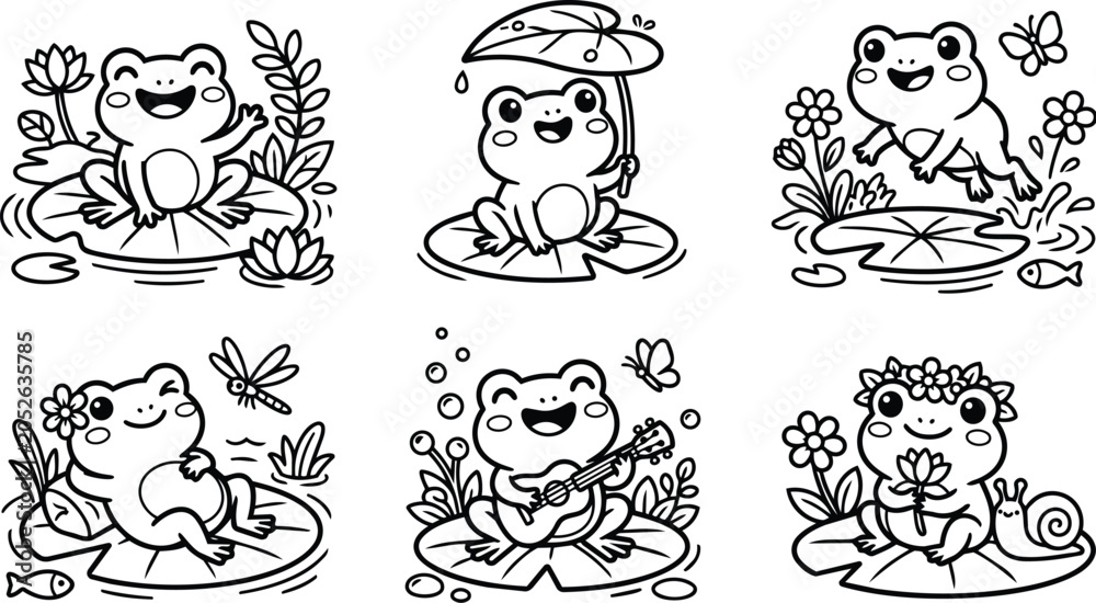 Fototapeta premium Line art frogs on lily pads collection