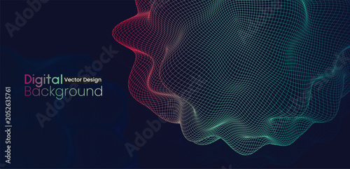 Abstract Digital Background Featuring A Wavy Mesh Structure Composed Of Intricate Interconnected Glowing Lines Transitioning Through Vibrant Gradients Of Magenta Cyan And Emerald On A Deep Dark