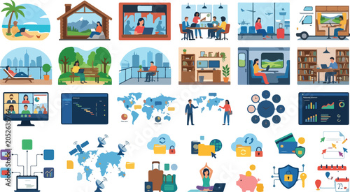 Digital Nomad Remote Work and Freelance Travel Vector Set