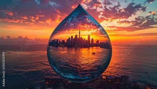 City Skyline Reflected in Water Droplet at Sunset.