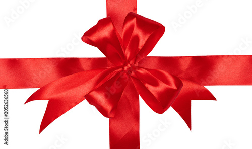 Tablou pe pânză A bright red satin ribbon with a fluffy bow in the center, tied crosswise on an isolated background