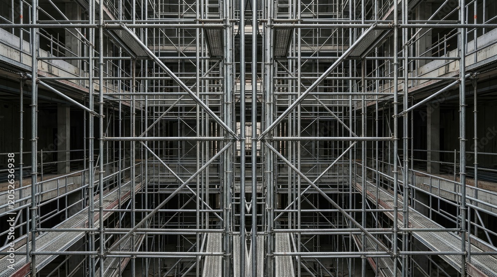 Fototapeta premium A symmetrical photograph captures a complex scaffolding structure. The scaffolding dominates the frame, creating a grid-like pattern.