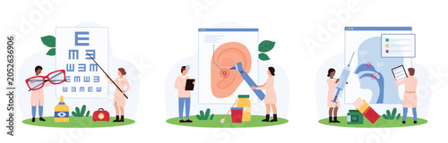 Ear, nose and throat checkup, otolaryngology, ophthalmology set. Tiny people check for diseases of upper respiratory tract, test eye and hearing with otoscope and chart cartoon vector illustration