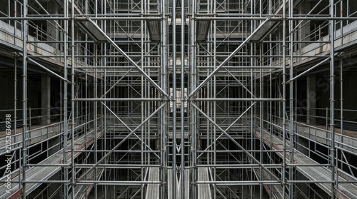 A symmetrical photograph captures a complex scaffolding structure. The scaffolding dominates the frame, creating a grid-like pattern.