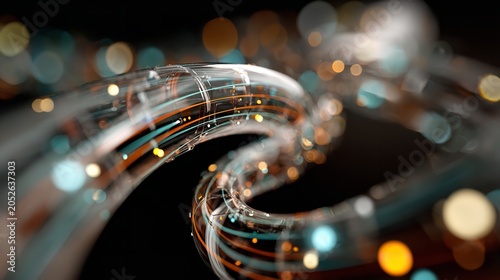 Abstract visualization of fiber optic cables transmitting data with glowing particles