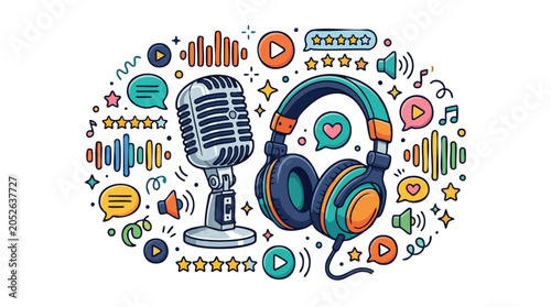 Podcast and Audio Content Illustration with Microphone and Headphones