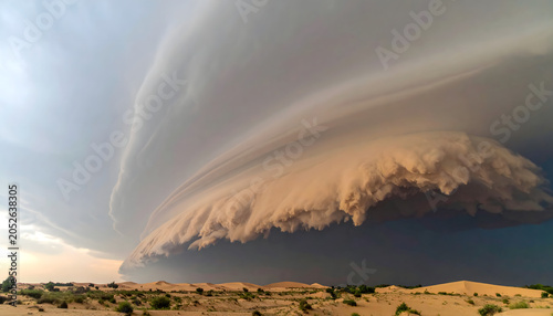 Massive sandstorm across desert landscape