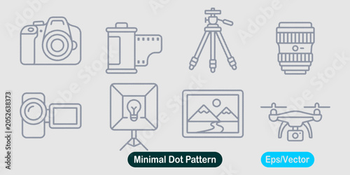 Quadro su tela Vector icon set of photography and videography equipment icons, minimalist dot p