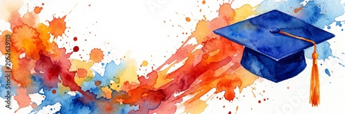 Abstract watercolor graduation cap illustration with artistic vibrant paint splashes and ink drops creating a festive and creative academic design
