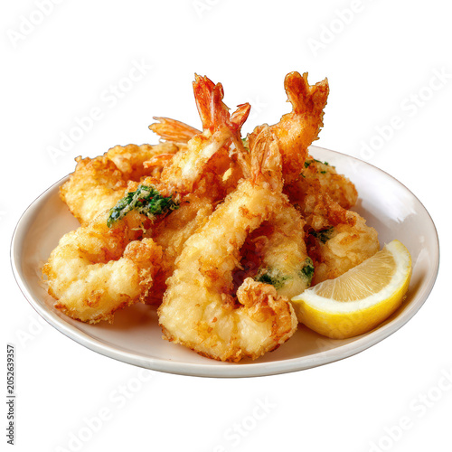 A plate of crispy, golden-brown fried shrimp with a crunchy Isolated transparent on white background