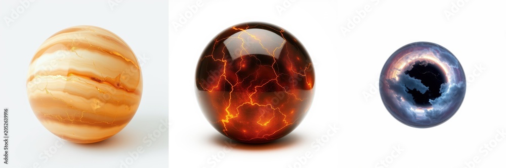 Fototapeta premium Spheres depict planetary surfaces. Warm tones transition toward cool blues. Visuals suggest cosmic energy, textures vary greatly.