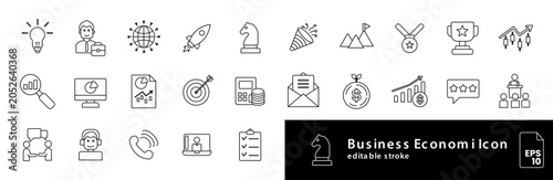 25 Line Icon Business Strategy and Finance Icons Set – Startup, Leadership, Analytics, Growth, Communication and Corporate Management Editable Vector Collection