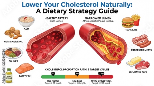 Educational Medical Illustration Showing The Difference Between A Healthy Artery And A Narrowed Artery Affected By Plaque Due To Poor Diet Choices