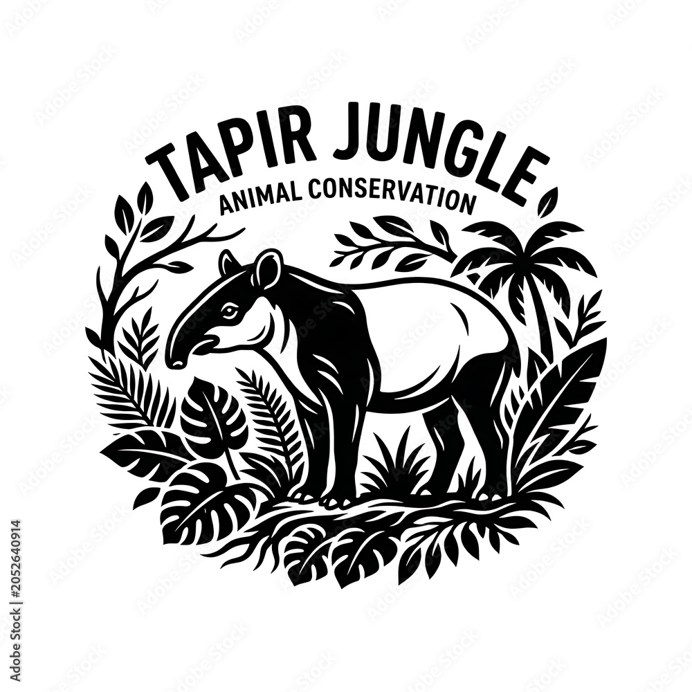 Obraz premium Black and white tapir illustration in lush jungle conservation logo design
