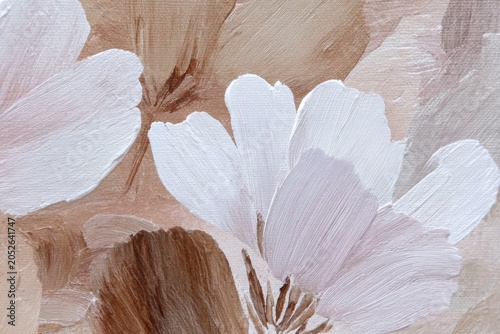 oil painting with thick, textured brushstrokes in beige and brown tones. abstract flowers with lines and white petals