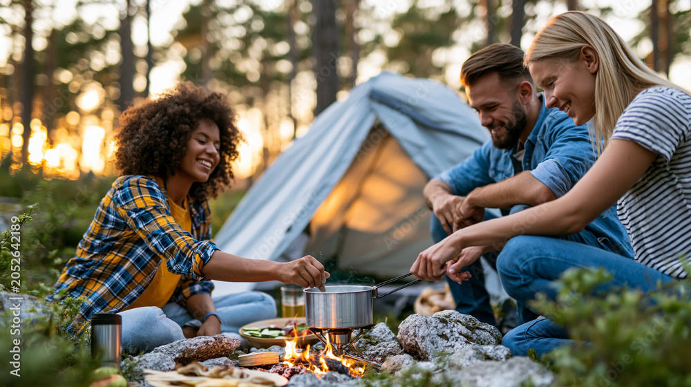 Naklejka premium Group of friends cooking dinner on a portable stove outside their tent in a pine forest at sunset, summer camping trip and outdoor lifestyle concept, defocused background, with