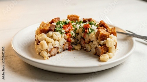 Ecuadorian Hominy Mote with Crispy Pork Chicharrón on White Plate | South American Food Stock Photo