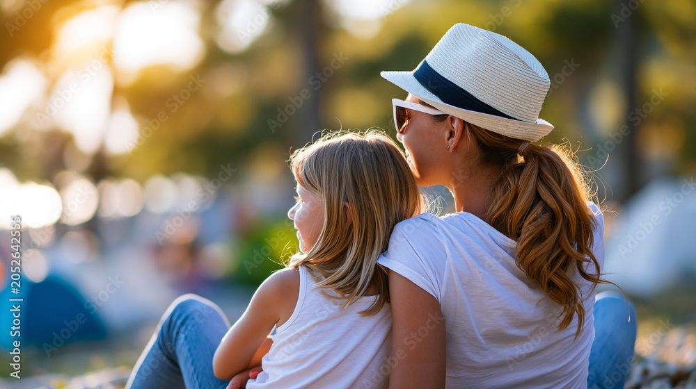 Fototapeta premium Mother and daughter viewed from behind enjoying a bright family camping moment on a peaceful sunny island trip, faceless back view, defocused background, with copy space