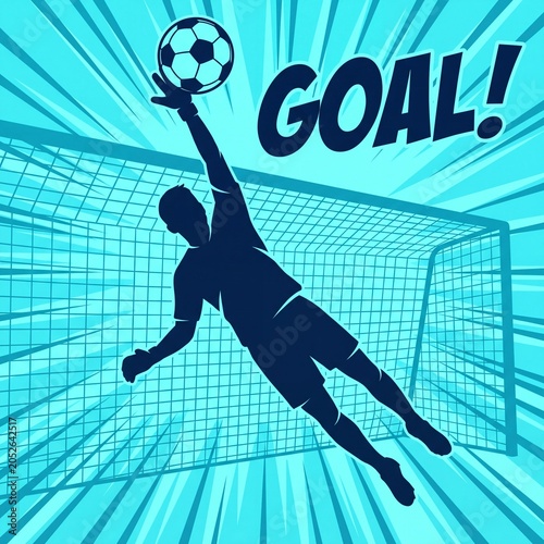 Dynamic soccer goalkeeper silhouette jumping to save ball in front of goal net graphic art in bright blue tones with high energy motion background