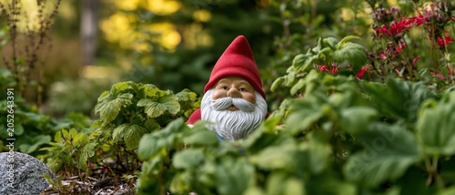 A charming garden gnome adorned in a bright red hat peeks through vibrant green shrubs, adding a touch of whimsy and cheer to a serene outdoor setting filled with nature.
