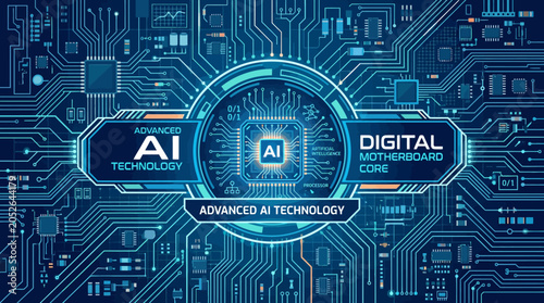 A detailed digital circuit board background with a central processing unit graphic