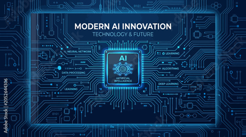 A digital illustration showing a central processor on a blue circuit board background