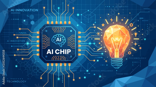 A digital illustration showing a processor chip and a glowing light bulb concept