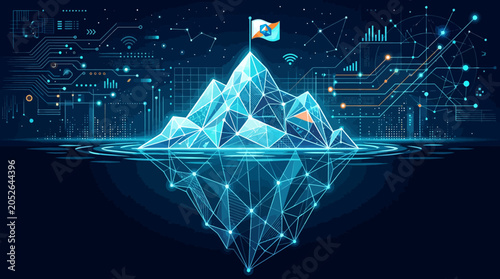 A digital mountain peak glows with data connections and abstract network lines