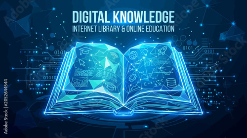 A glowing digital book representing modern online learning and information technology