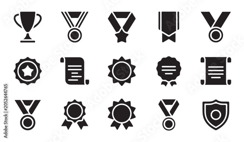 Achievement and award icons set showing medals ribbons certification and winning symbols.