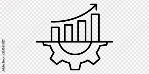 Continuous one single line drawing Productivity bar chart with gear icon vector illustration concept, transparent background. Continuous line Productivity bar chart with gear, Growing Arrow chart with