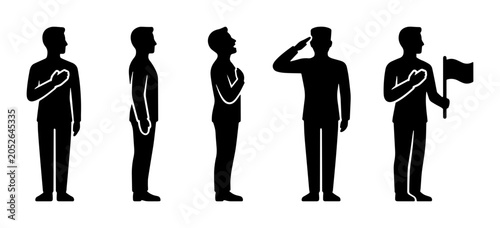 Tablou pe pânză Patriotic Silhouettes: Pledge, Salute, Flag Holding Icons, National Symbolism