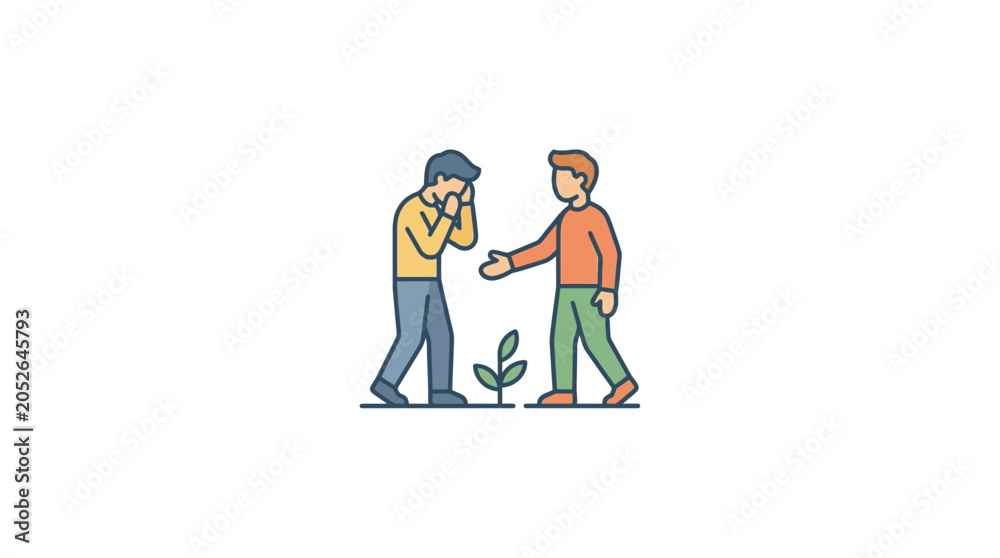 Fototapeta premium Empathy and Support: One Person Comforts Another Near a Growing Plant