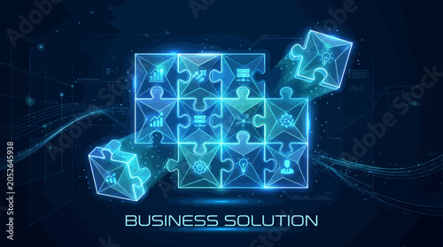 A glowing digital puzzle representing a complex business solution concept
