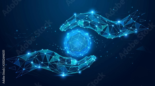 Digital hands holding a glowing sphere made of connected geometric lines and dots