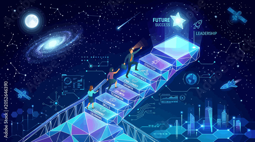 Business professionals climb glowing stairs toward a bright star in deep space