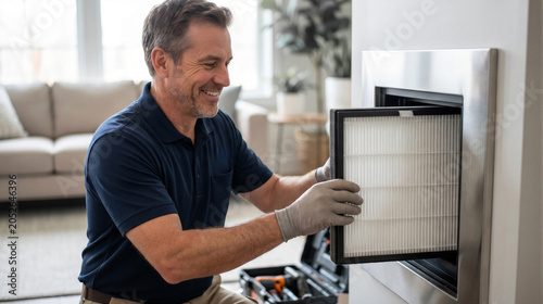 Professional hvac technician installing a clean air filter into a residential wallmounted furnace or air conditioning system