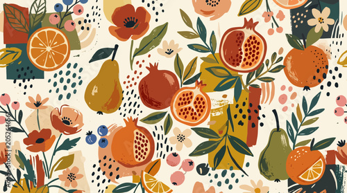 A seamless pattern featuring hand drawn fruits and flowers on a light background