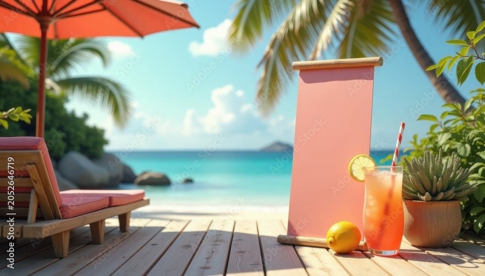 Obraz premium Tropical Beach Scene with Refreshing Drink and Copy Space