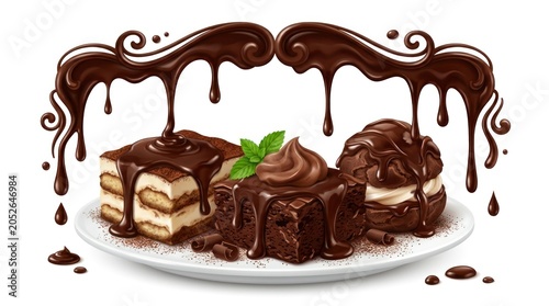 A delectable slice of layered cake with chocolate drizzle and a mint leaf.