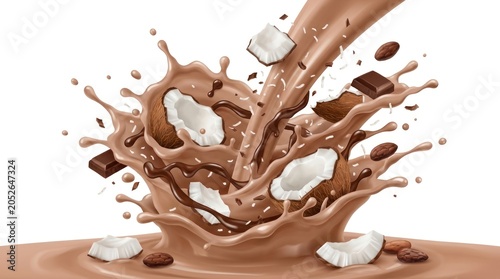 A dynamic scene of chocolate being poured, creating a splash of cocoa and marshmallows.