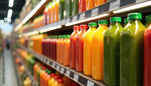 Fresh colorful juice bottles on supermarket shelf with copy space