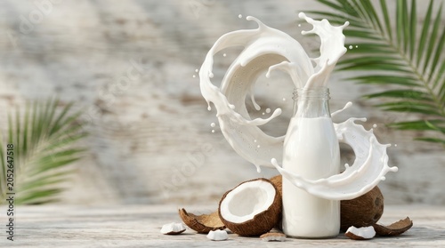 A bottle of coconut milk is being splashed, with coconuts beside it.